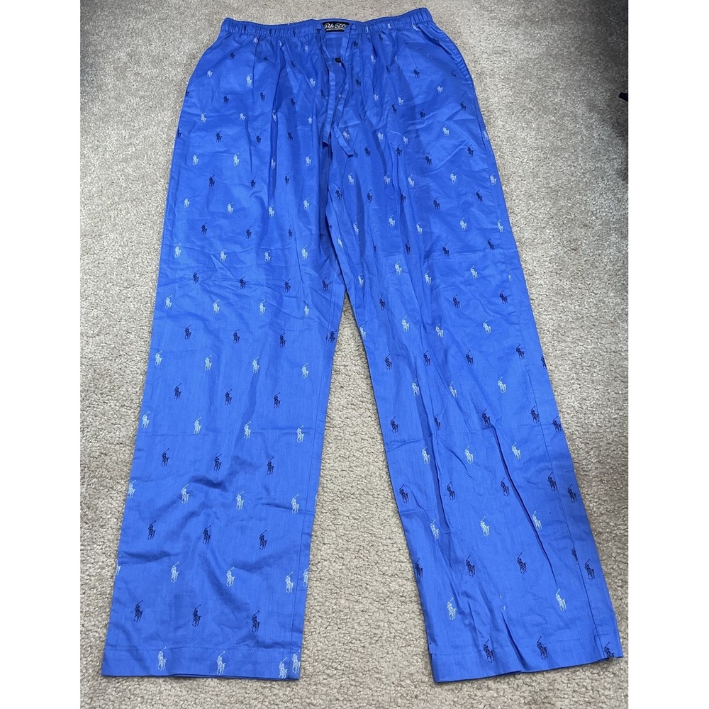 Polo Ralph Lauren Pajama Pants Mens M Blue Cotton Logo Print Drawstring Waist
